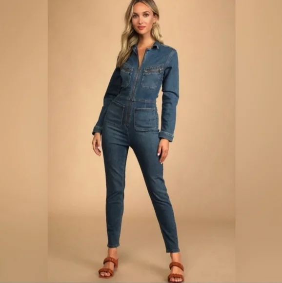 Free People Lennox Zip Front Denim Jean Jumpsuit Size Large Long Sleeve Utility